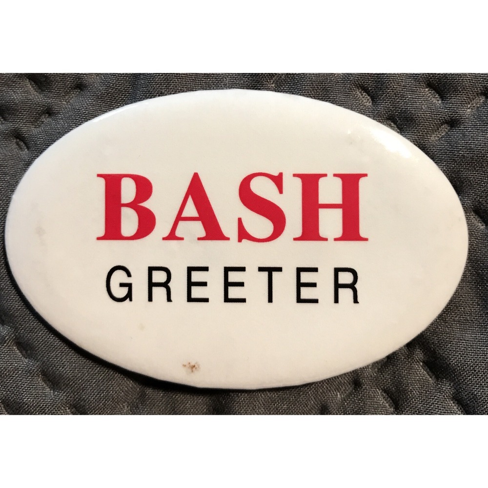 Vintage Pinback Button Pin 3.75" x 2.5" Oval "Bash Greeter" Collectible Red W